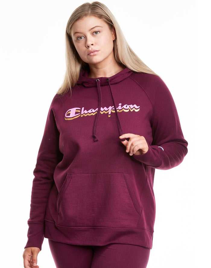 Champion Womens Hoodie NZ - Plus Powerblend Fleece Drop Shadow Foil Script Logo Dark Purple ( 9354-F